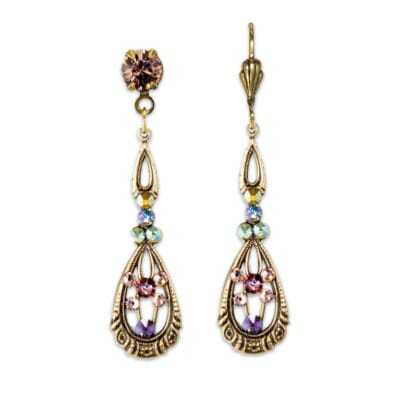 Vintage Inspired Pink Purple and Gold Crystal Dangle Earring