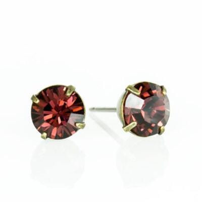 Brass Burgundy Crystal Stud Earrings