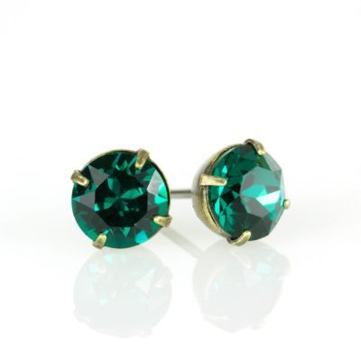 Brass Emerald Crystal Stud Earrings