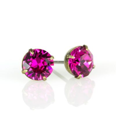 Brass Fucshia Crystal Stud Earrings