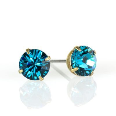 Brass Teal Crystal Stud Earrings