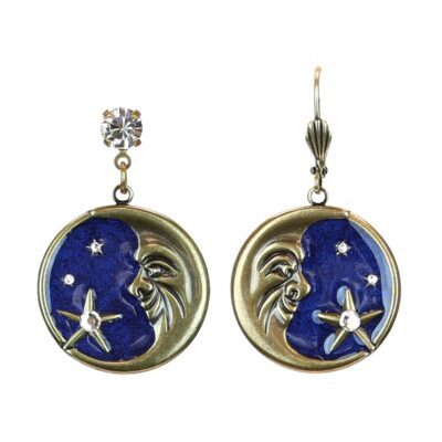 Blue Man in the Moon and Stars Crystal Charm Earrings