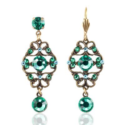 Viridian Green Elegant Filigree Crystal Drop Earrings