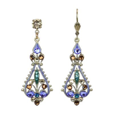 Filigree Green Purple and Brown Open Spade Crystal Earrings