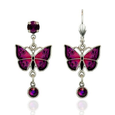 Magenta & Black Hand Painted Crystal Drop Butterfly Earrings