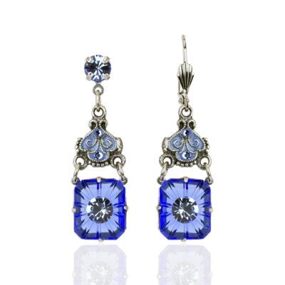 Blue Starburst Glass Stone and Crystal Filigree Earrings