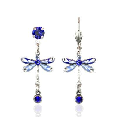 Blue and White Flowering Crystal Drop Dragonfly Earrings