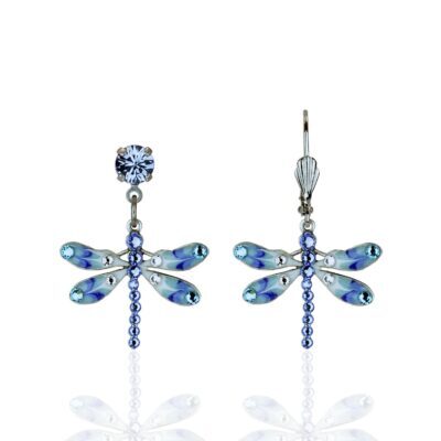 Turquoise Blue and White Enamel Crystal Dragonfly Earrings