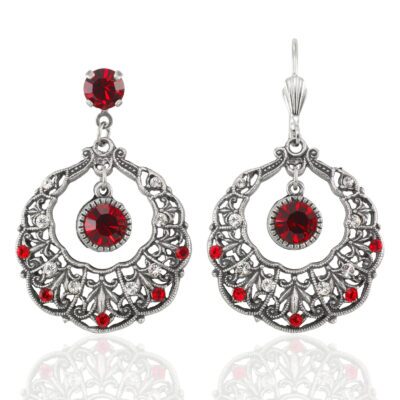 Red Scallop Open Hoop Drop Scroll Crystal Earrings