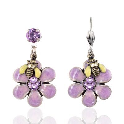 Lavender Flower with Pollenating Bee Crystal Charm Earring