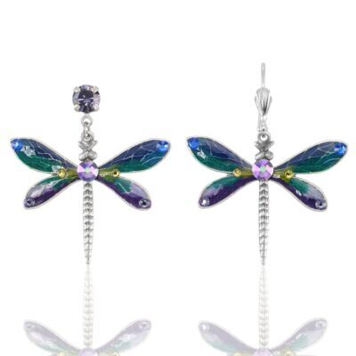 Blue Green Purple Cool-Tone Dragonfly Crystal Charm Earring