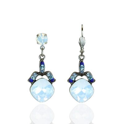 White Opal Square with Light Turquoise Blue Crystal Earrings