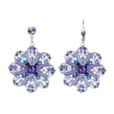 Flower Petal Pinwheel Purple and Green Crystal Earrings