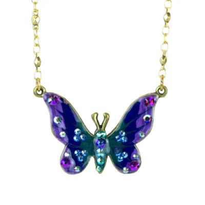 Dark Green Indigo Purple Enameled Crystal Butterfly Pendant