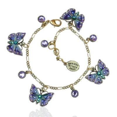 Dark Green Indigo Purple Enameled Crystal Butterfly Bracelet