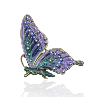 Dark Green Indigo Purple Enameled Crystal Butterfly Pin