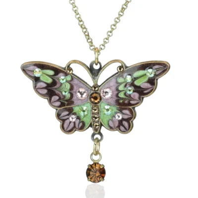 Lovely Rose Green and Brown Butterfly Crystal Drop Necklace