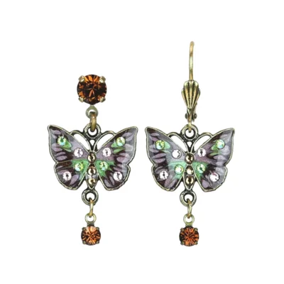 Lovely Rose Green and Brown Butterfly Crystal Drop Earrings
