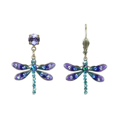 Purple and Iridescent Green Crystal Dragonfly Charm Earrings