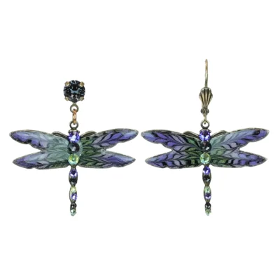 Green Pink & Purple Hand Painted Crystal Dragonfly Earrings