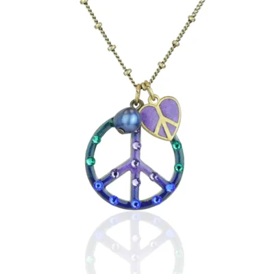 Blue Purple and Green Peace Sign Crystal Charm Necklace