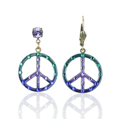Blue Purple and Green Peace Sign Crystal Charm Earrings
