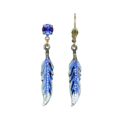 Blue Jay Feather Crystal Charm Earrings