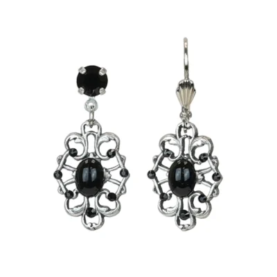 Forever Black Cabochon Filigree Oval Crystal Earrings