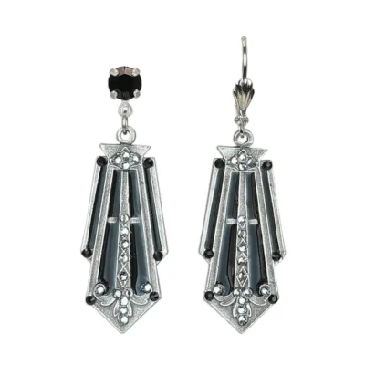 Streamlined Art Deco Black and Crystal Dangle Earrings