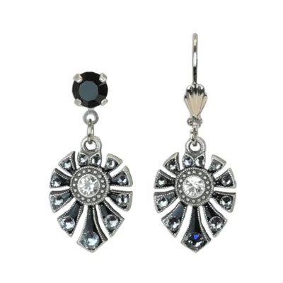 Art Deco Open Leaf Black and Crystal Earrings