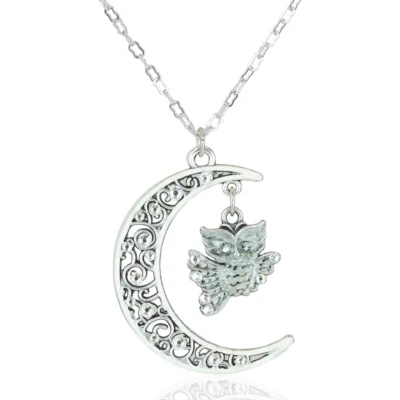 Good Fortune Gray Owl Crescent Moon Crystal Necklace