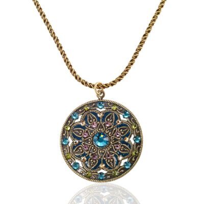 Golden Hour Teal Crystal Vintage Charm Medallion Necklace
