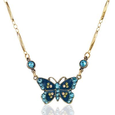 Teal Artisanal Golden Accented Butterfly Crystal Necklace