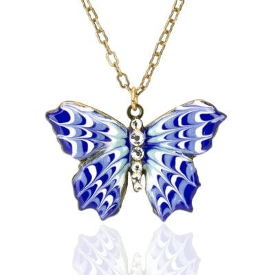 Blue and White Unique Enamel Crystal Butterfly Necklace
