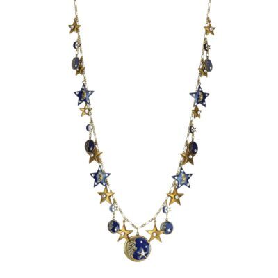 Blue Man in the Moon and Stars Crystal Charm Necklace