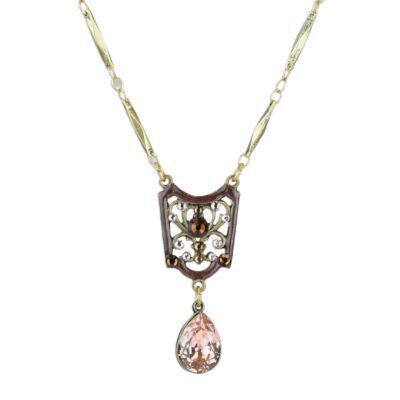 Art Nouveau Auburn Brown and Pink Crystal Teardrop Necklace