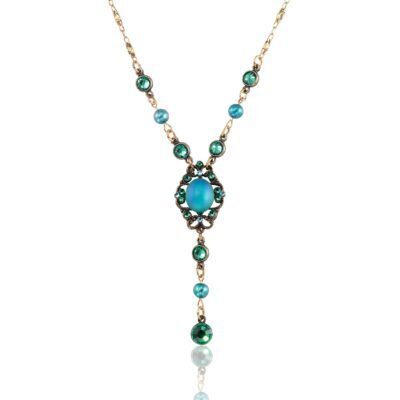 Viridian Green Lariat Glass Pearl Crystal Necklace