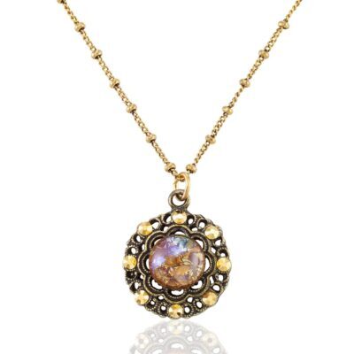Vintage Inspired Filigree Golden Cabochon Crystal Necklace