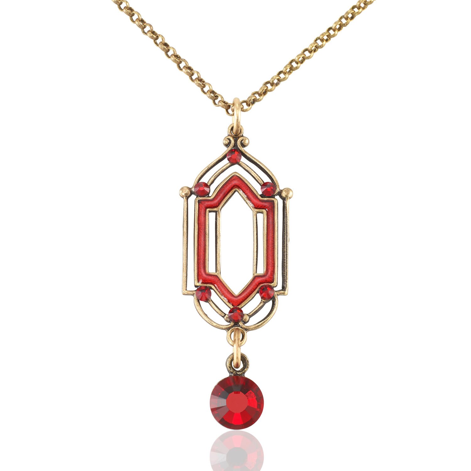 Red Vintage Inspired Open Framework Crystal Drop Necklace