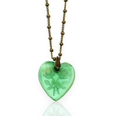 Green Vintage Floral Etched Glass Heart Pendant Necklace