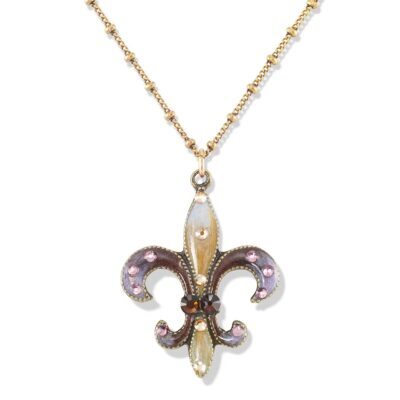 Brown Ivory & Lavender Fleur-de-lis Crystal Pendant Necklace
