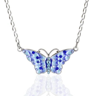 Turquoise Blue and White Enamel Crystal Butterfly Necklace