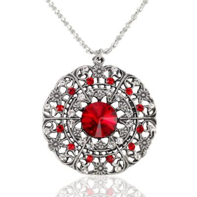 Red Edwardian Wreath Flower Medallion Crystal Necklace