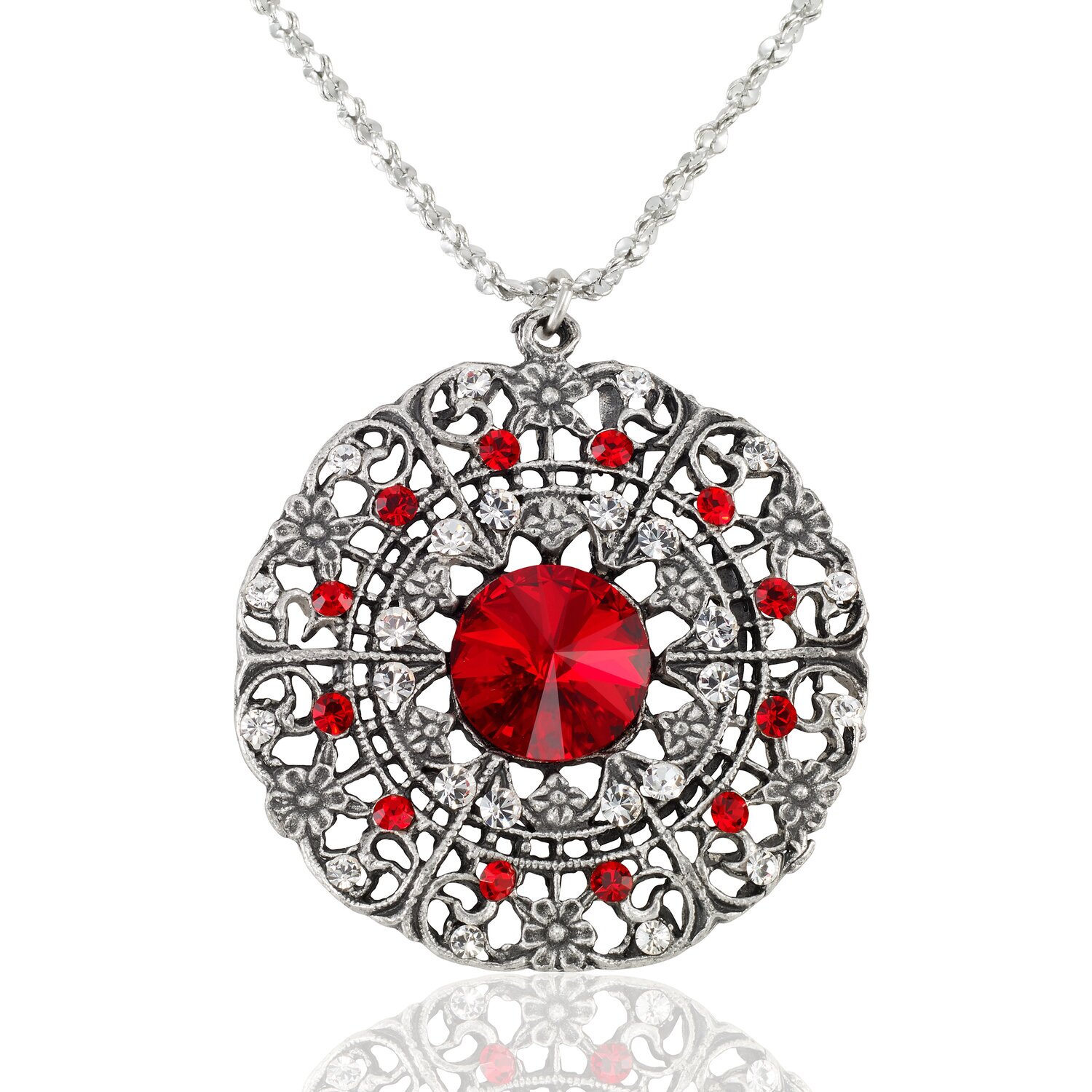 Red Edwardian Wreath Flower Medallion Crystal Necklace