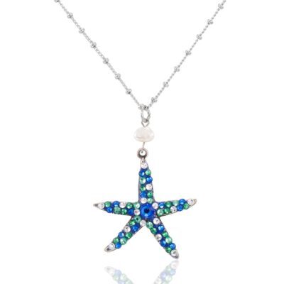 Sea Starfish Blue & Green Crystal Encrusted Pearl Necklace