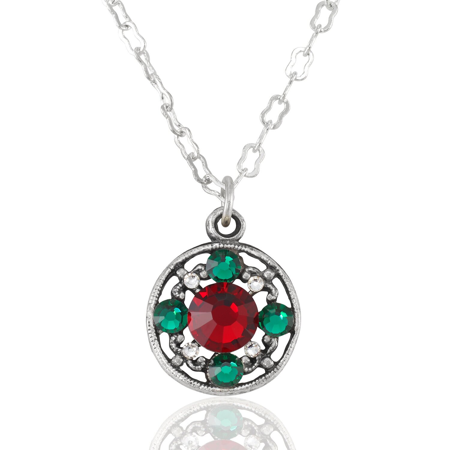 Red & Green Round Vintage Inspired Holiday Crystal Necklace
