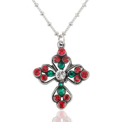 Vintage Inspired Green & Red Crystal Christmas Cross Pendant