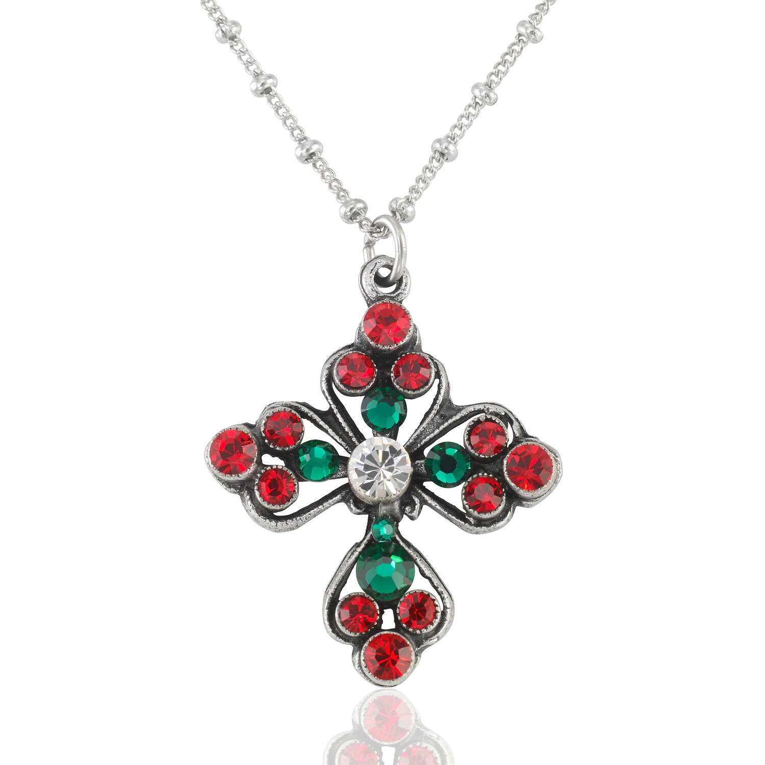 Vintage Inspired Green & Red Crystal Christmas Cross Pendant