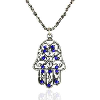 Mila Hamsa Multicolored Blue Crystal Necklace