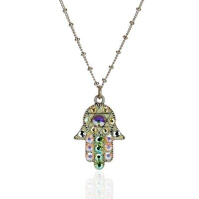 Yellow and Pink Pastel Iridescent Crystal Hamsa Necklace